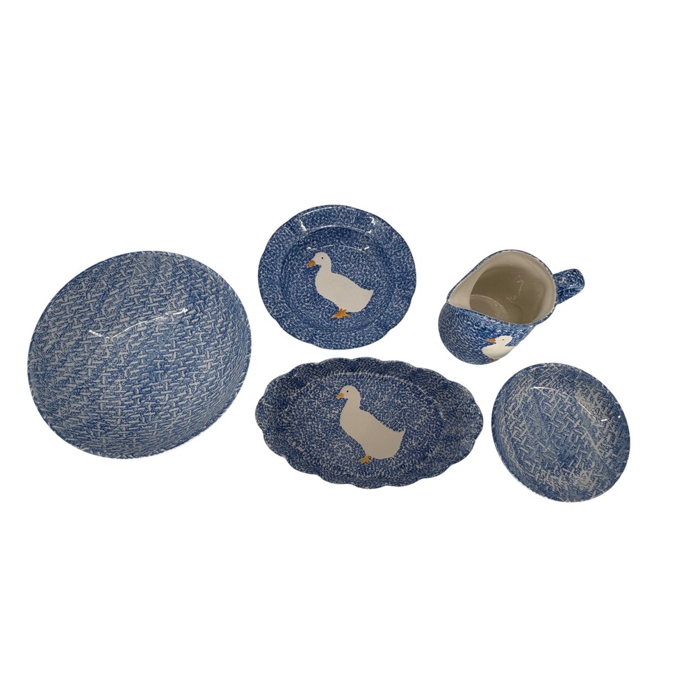 Vintage Blue Speckled Spongewear Goose Duck Pottery Set 5pc Country Farmhouse - Picture 2 of 15